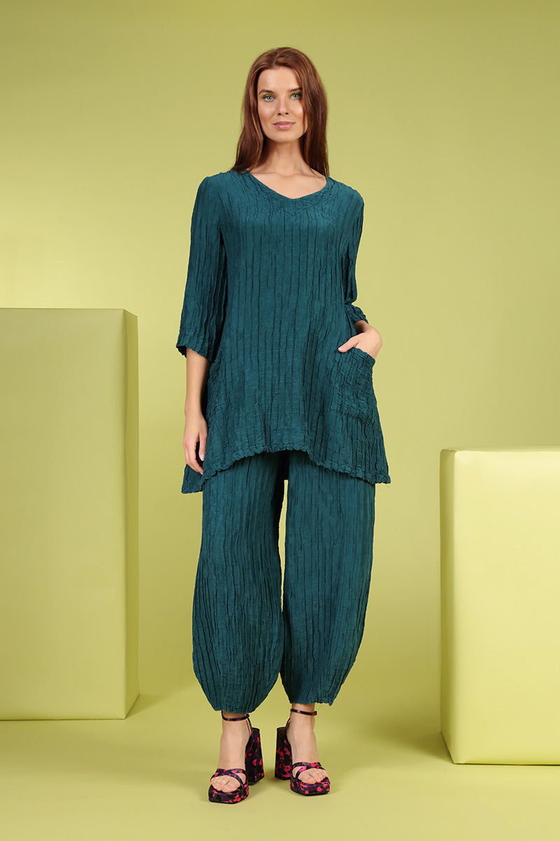 Twin Pockets Crinkled Dark Teal Silk Linen Tunic 6