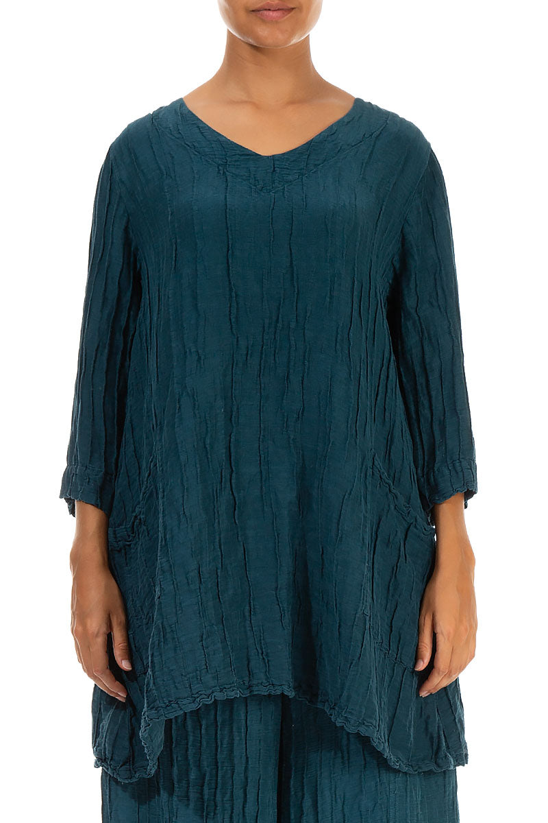 Twin Pockets Crinkled Dark Teal Silk Linen Tunic 1