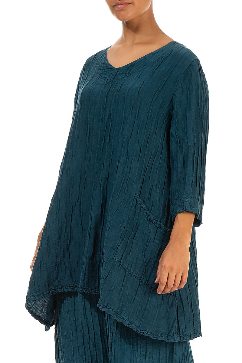 Twin Pockets Crinkled Dark Teal Silk Linen Tunic 3