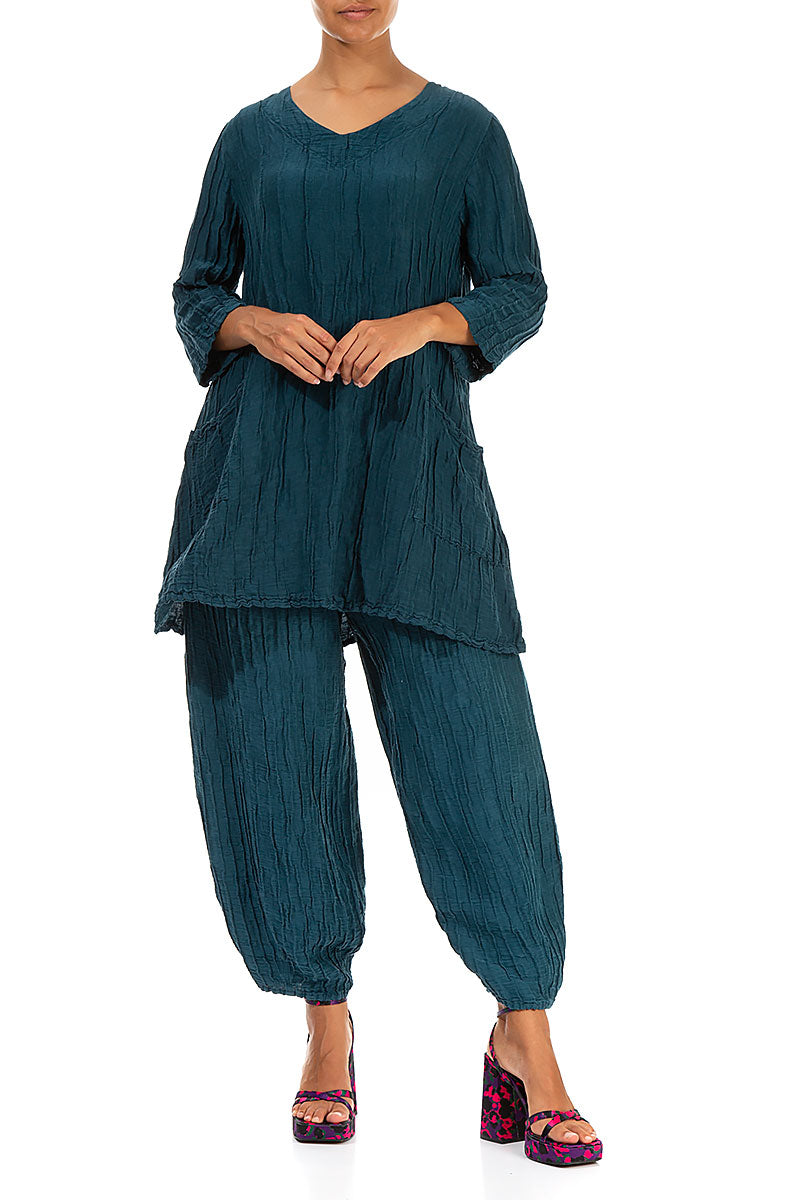 Twin Pockets Crinkled Dark Teal Silk Linen Tunic 4