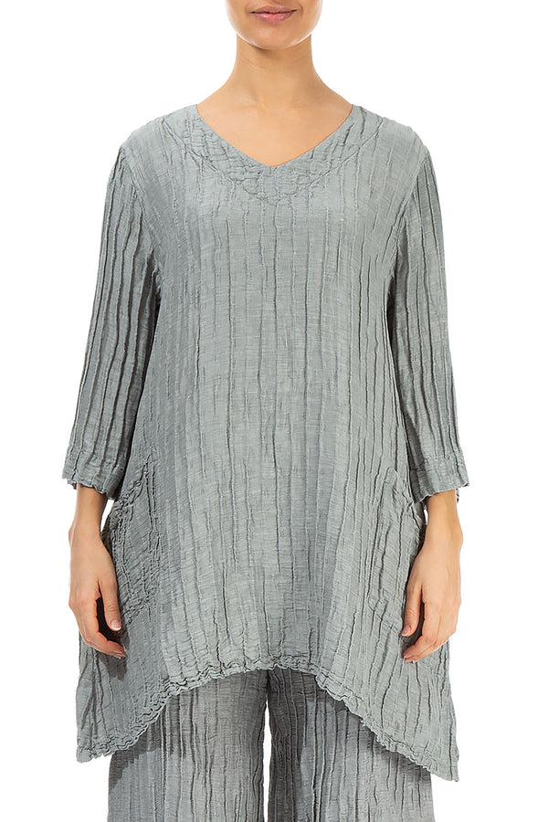 Twin Pockets Crinkled Grey Sage Silk Linen Tunic 1