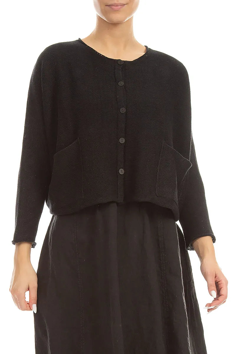 Two Pockets Black Linen Cardigan 3