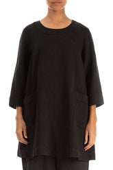 Two Pockets Black Linen Tunic 1