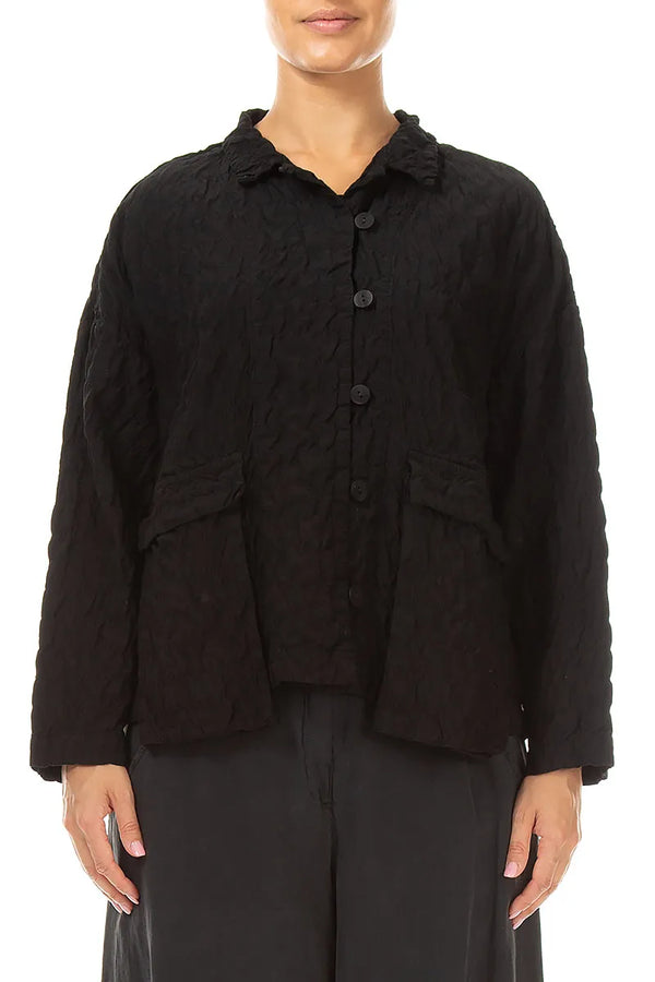 Two Pockets Black Pleated Silk Bamboo Jacket 1