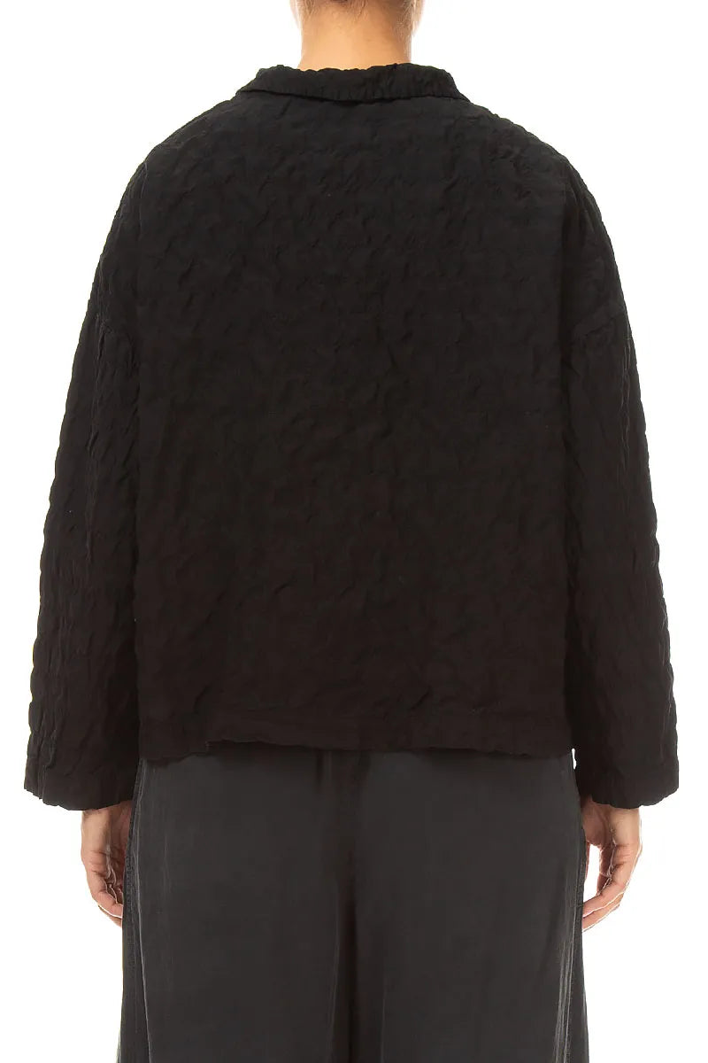Two Pockets Black Pleated Silk Bamboo Jacket 2