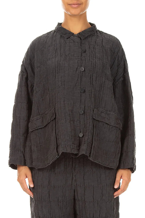 Two Pockets Charcoal Pleated Silk Linen Jacket 1