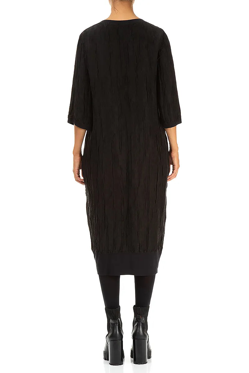 Two Pockets Crinkled Black Silk Linen Midi Dress 2