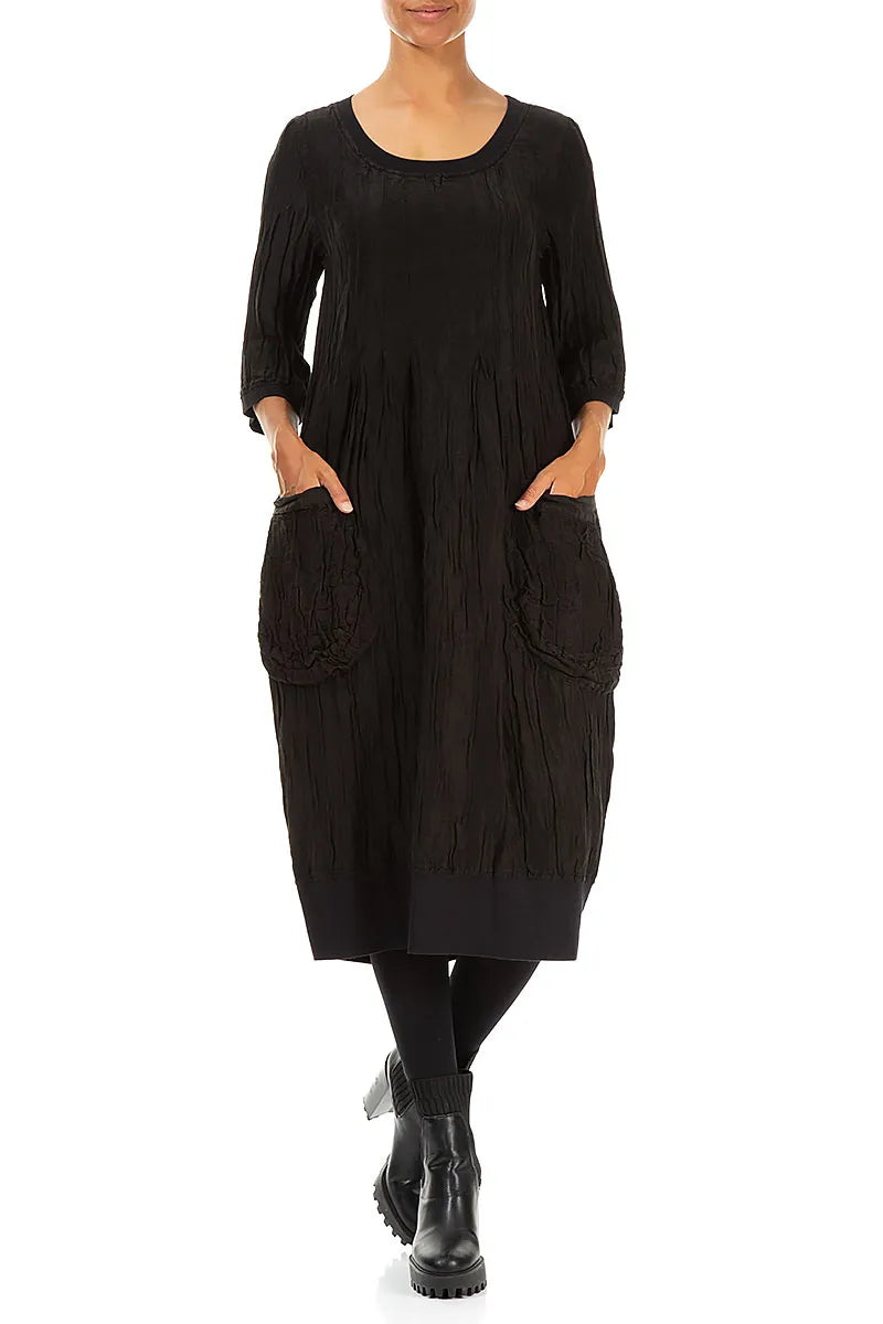 Two Pockets Crinkled Black Silk Linen Midi Dress 3