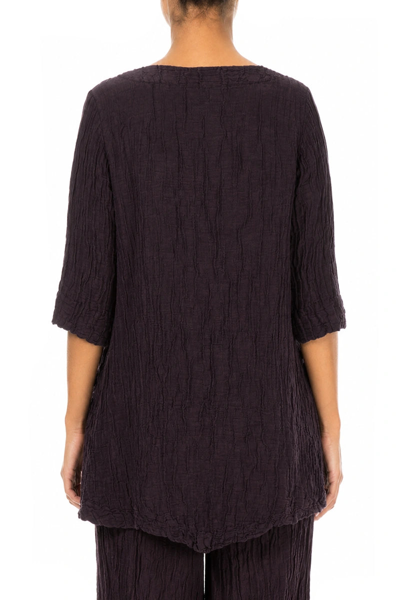 Two Pockets Crinkled Deep Plum Silk Linen Tunic