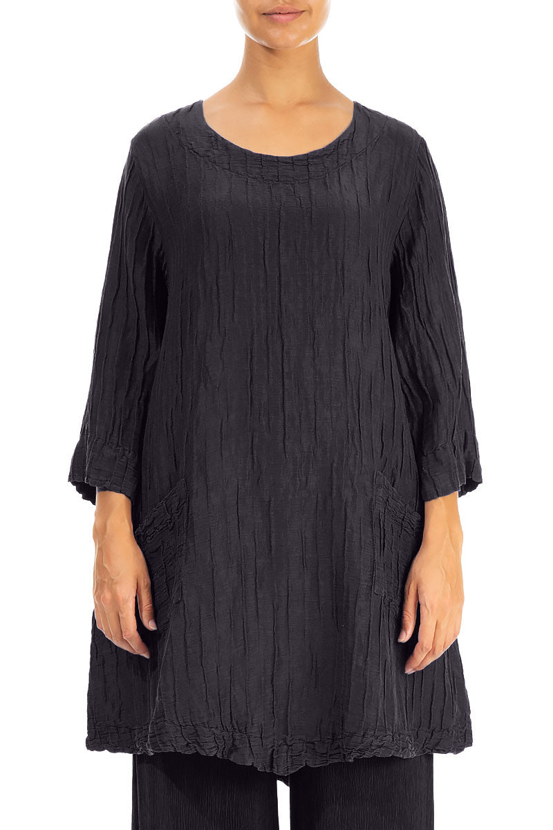 Two Pockets Crinkled Graphite Blue Silk Linen Tunic 1
