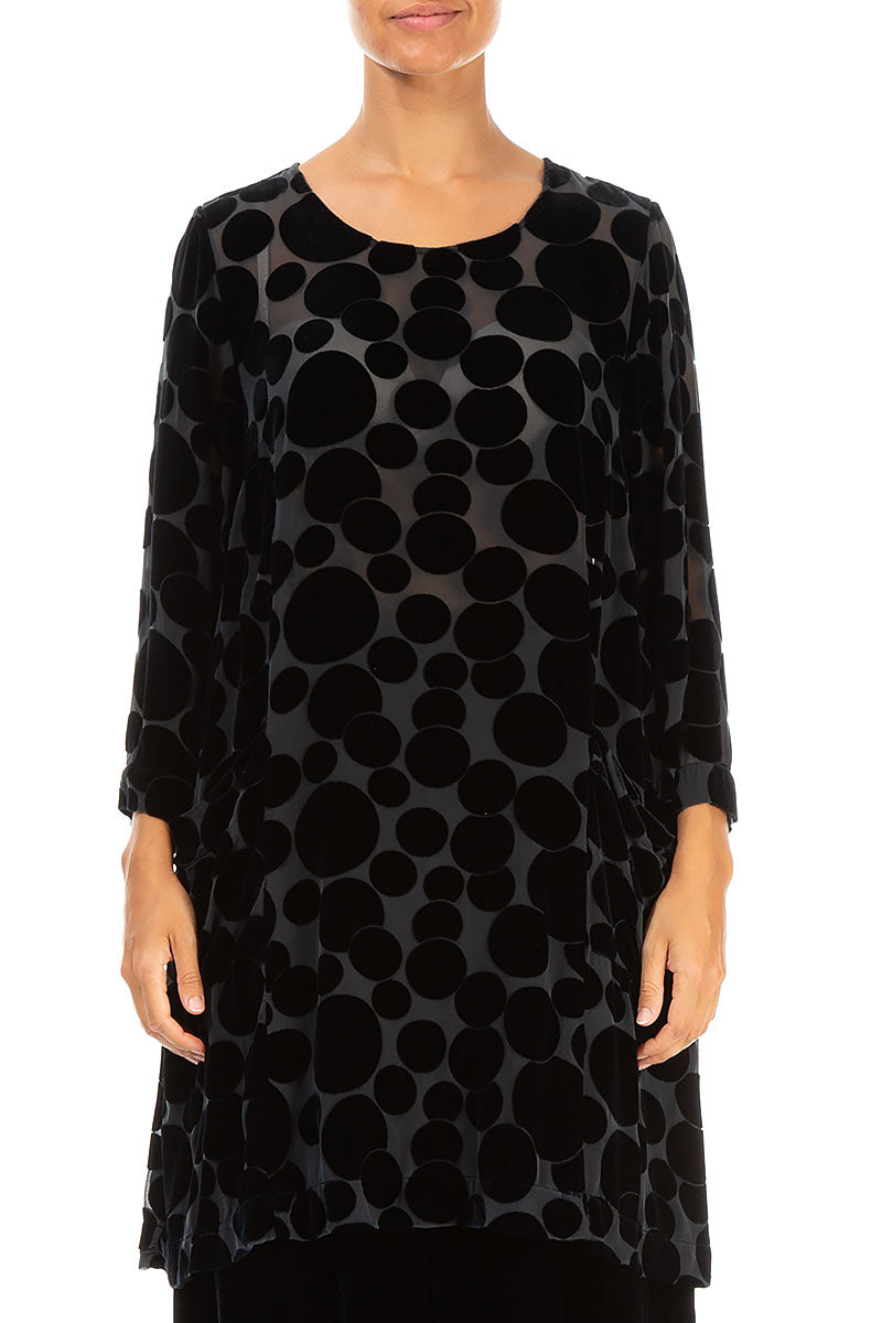 Two Pockets Devoré Bubbles Midnight Blue Silk Velvet Tunic 1