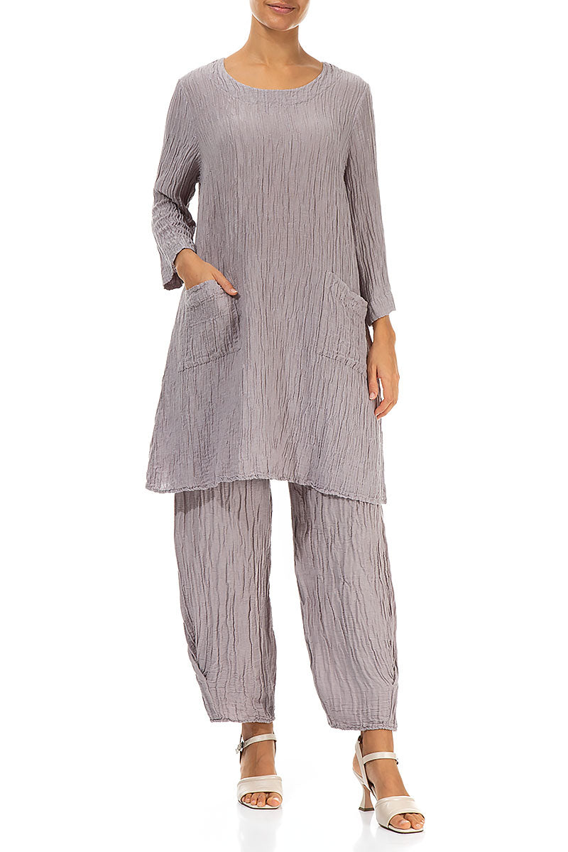 Two Pockets Greige Crinkled Silk Tunic 4
