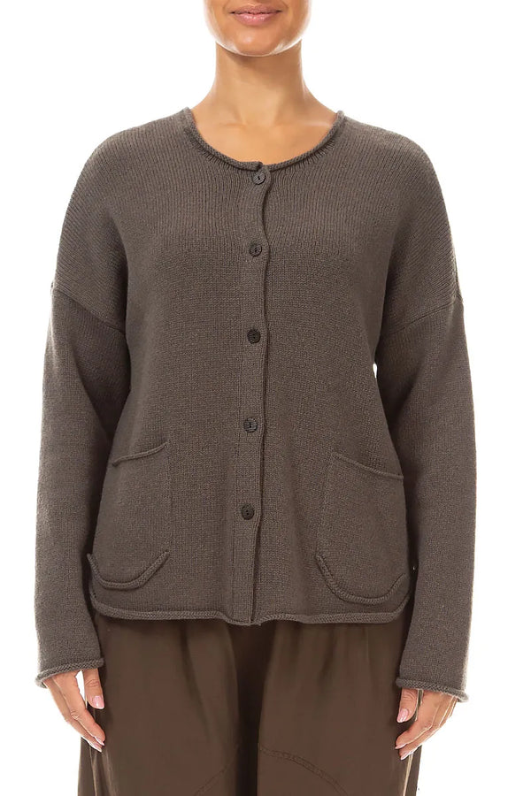 Two Pockets Khaki Brown Merino Wool Cardigan 1