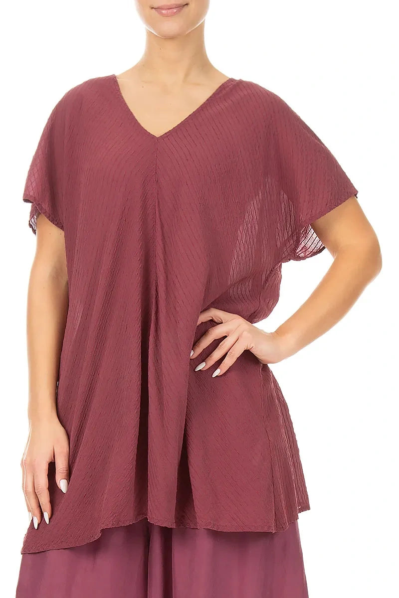 Chemisier en soie et viscose à rayures rubis antique, col en V, style antique