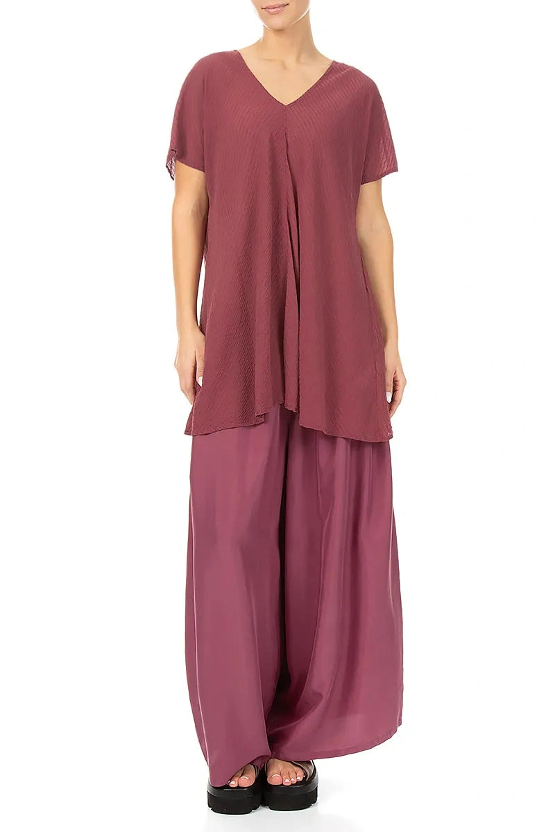 Chemisier en soie et viscose à rayures rubis antique, col en V, style antique