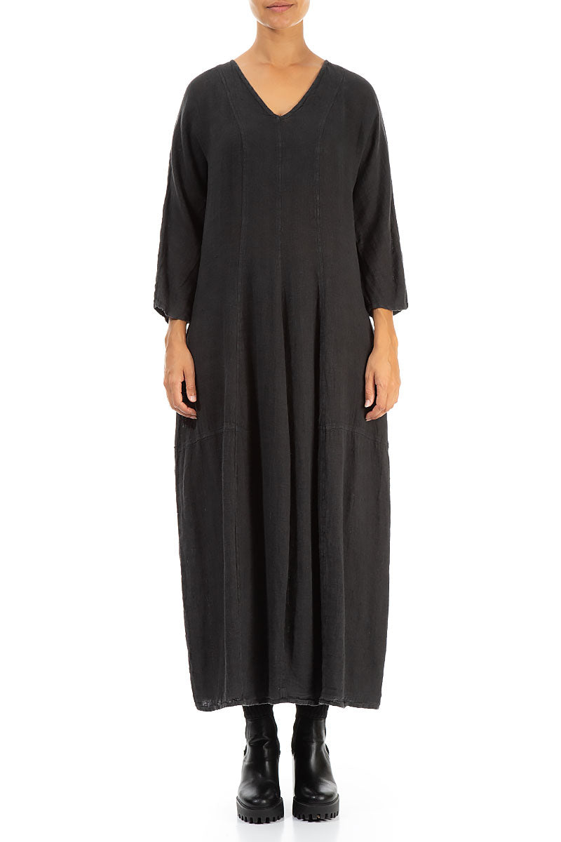 V-Neck Balloon Charcoal Linen Dress 1