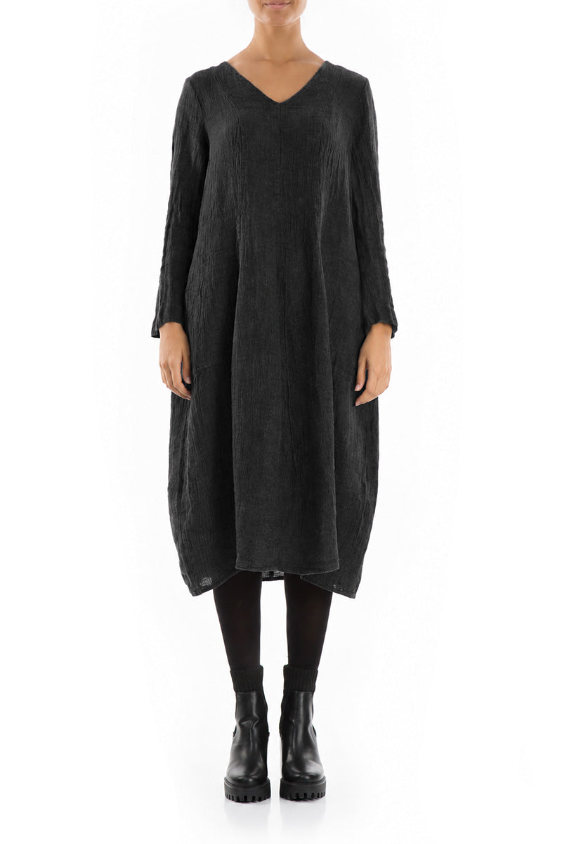 V-Neck Balloon Charcoal Mélange Linen Dress
