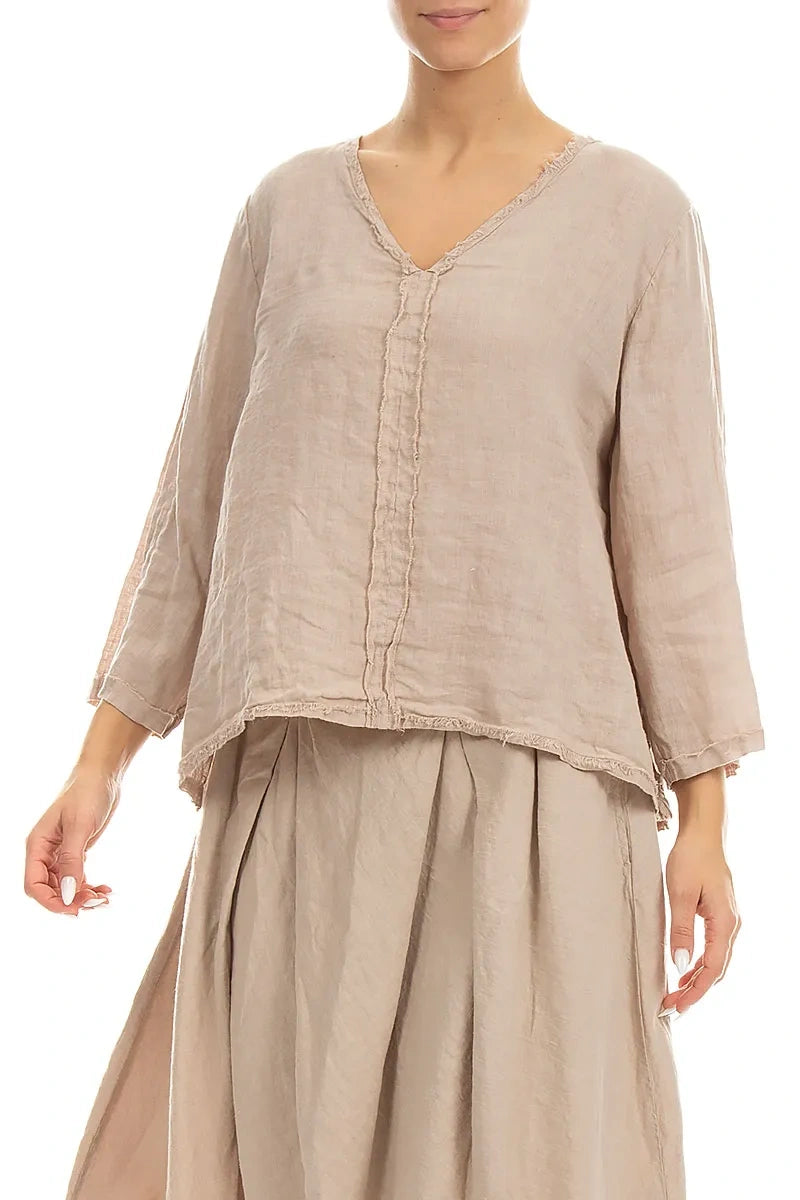 V-Neck Beige Linen Blouse
