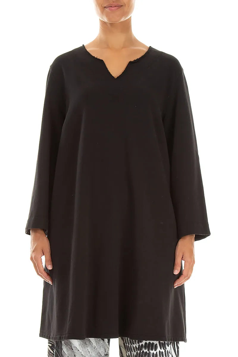 V-Neck Black French Terry Cotton Tunic