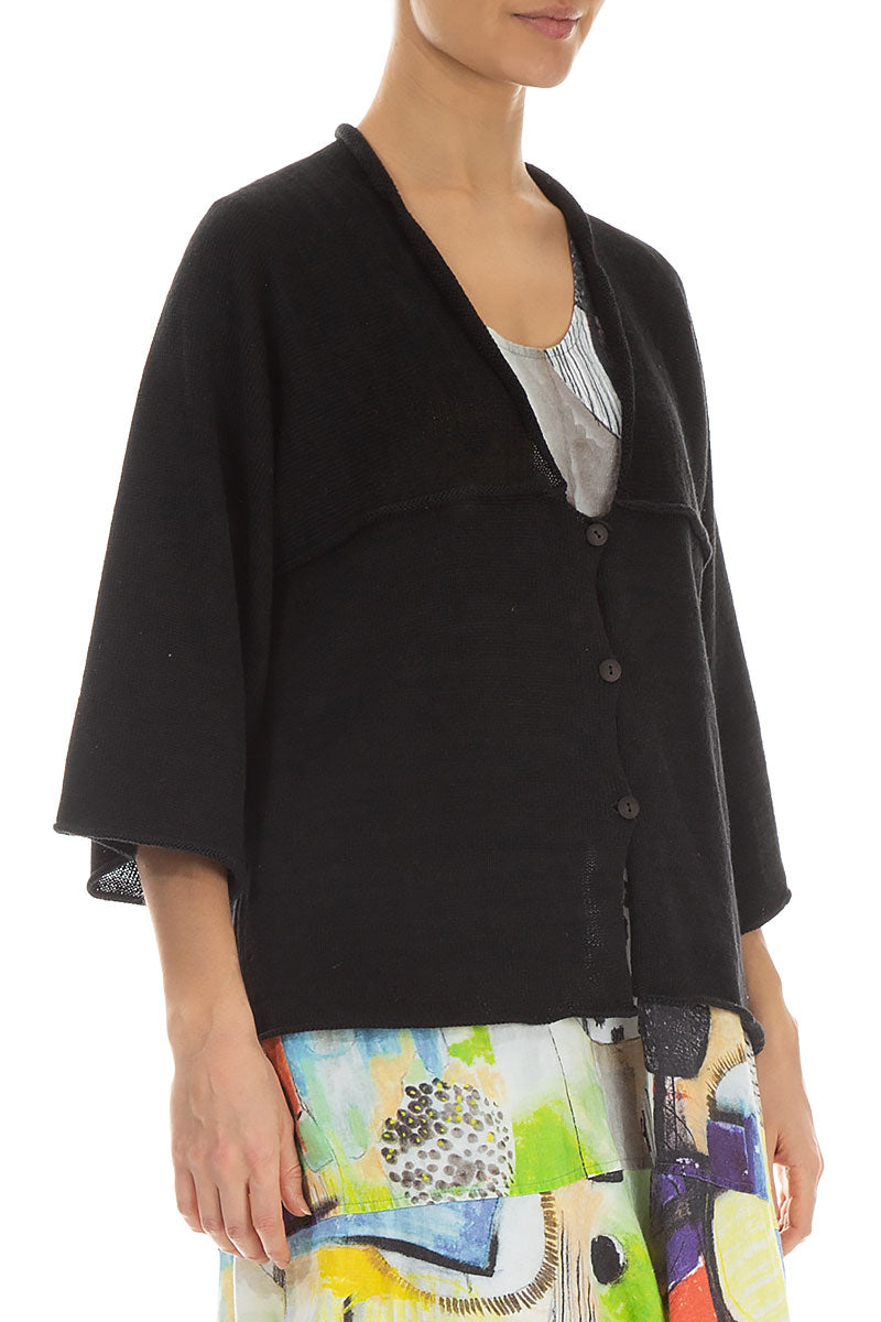 V-Neck Black Linen Cardigan 3