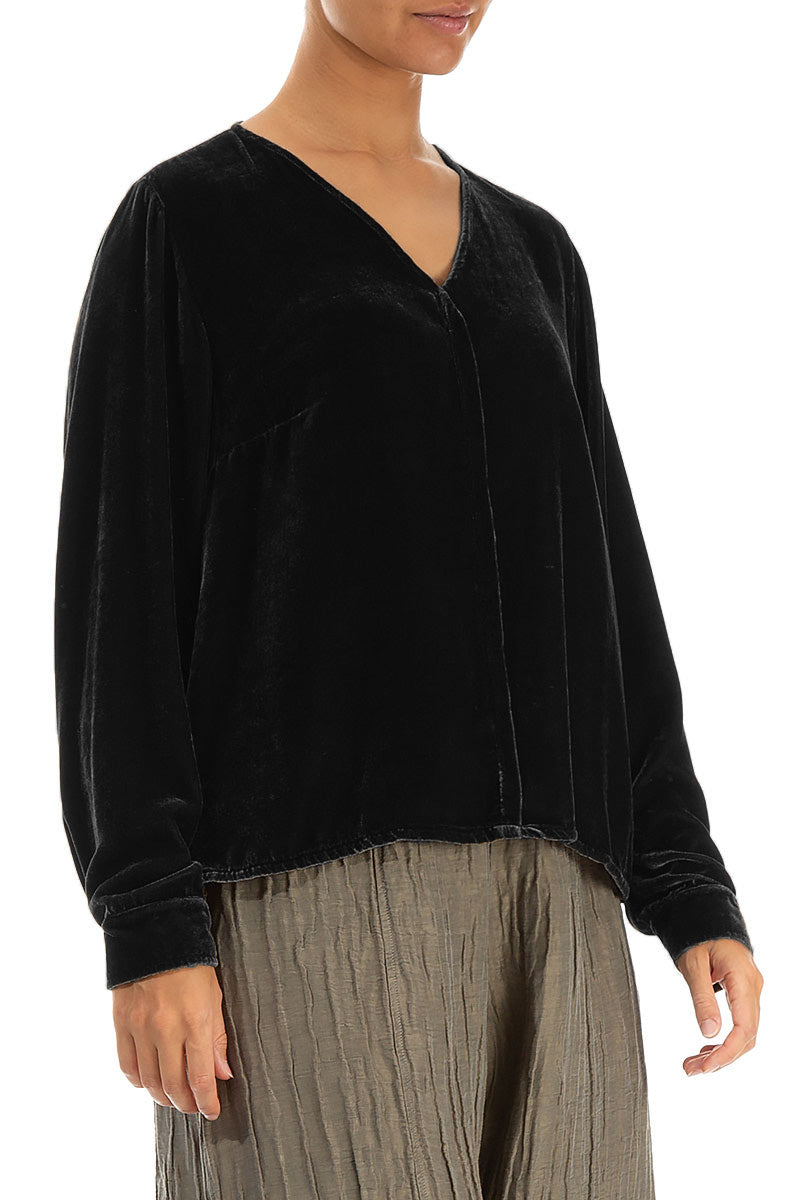 V-Neck Black Silk Velvet Blouse 3