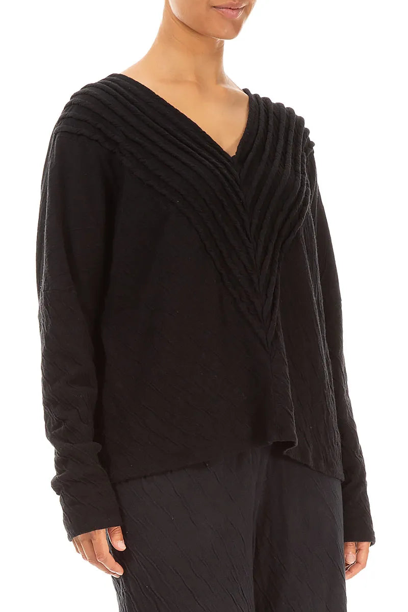 V-Neck Black Wavy Cotton Blouse 3