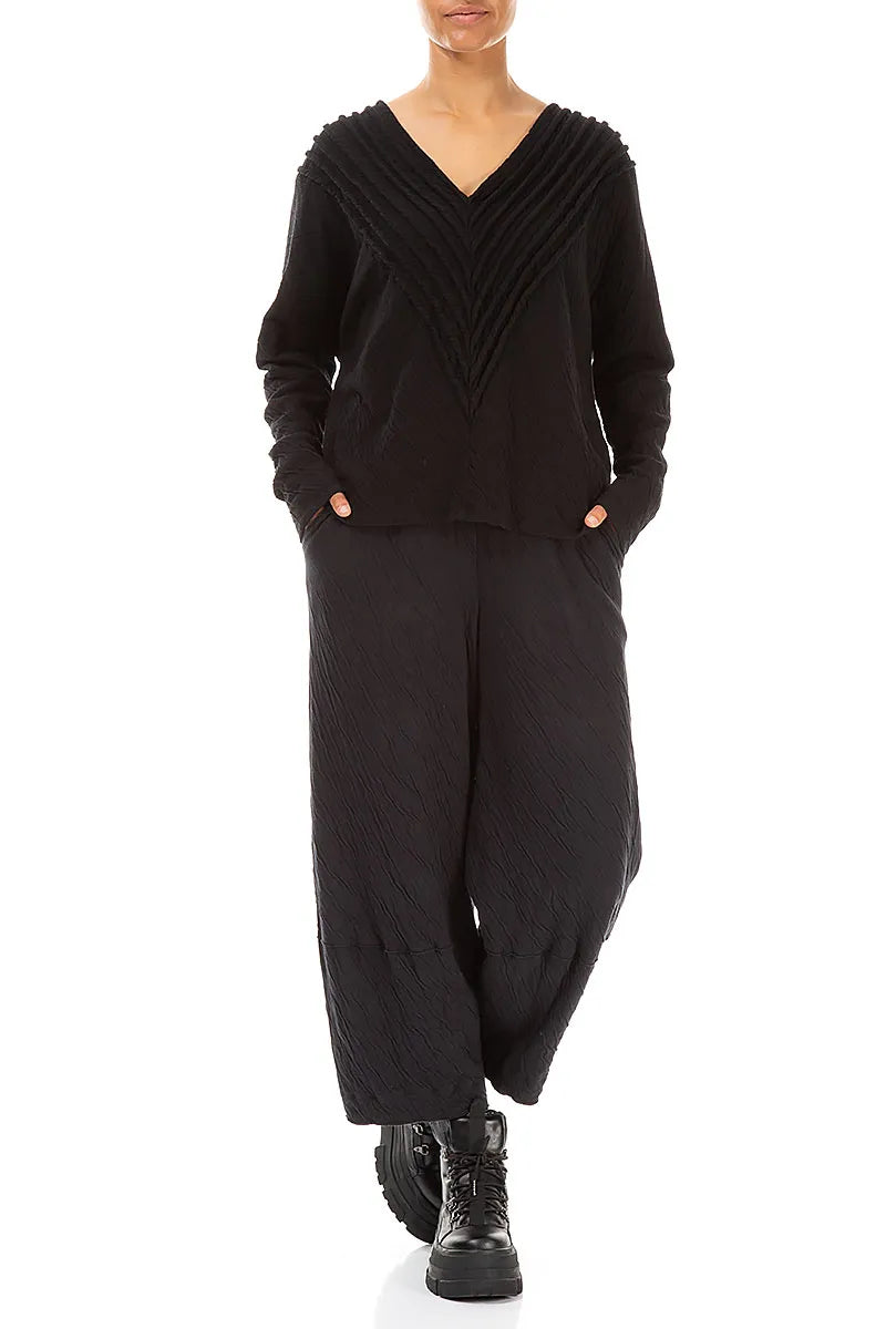 V-Neck Black Wavy Cotton Blouse 4