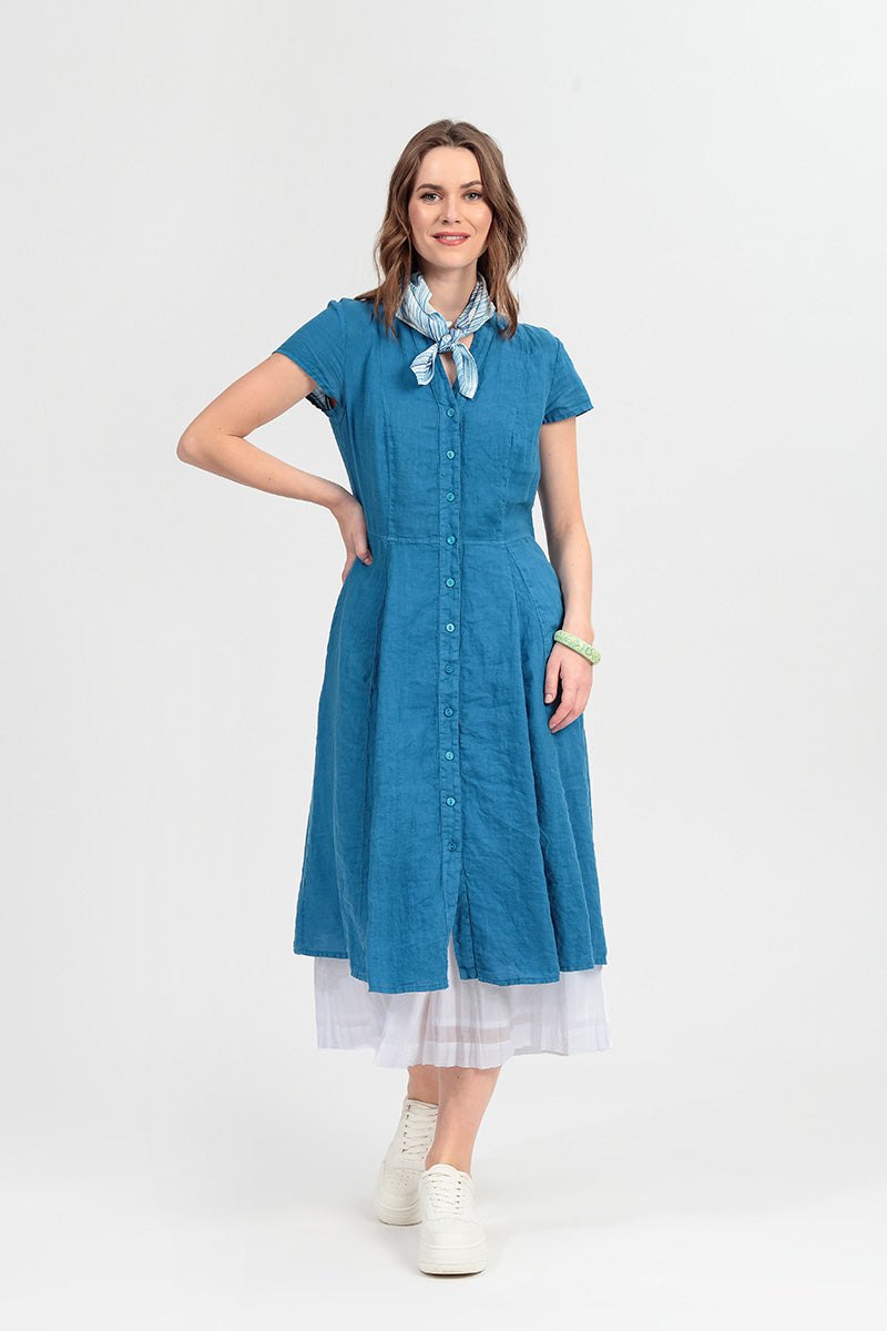 Robe trapèze en lin bleu cobalt avec boutonnage et col en V