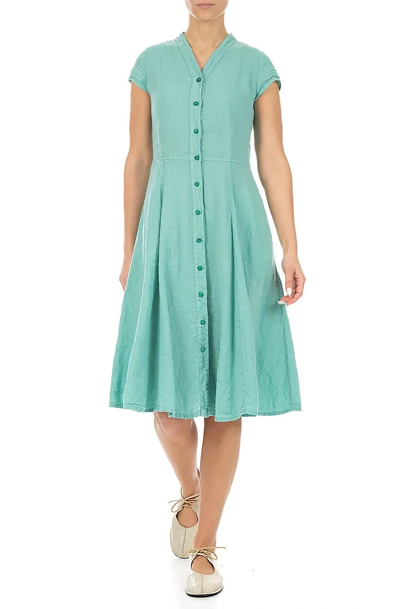 V-Ausschnitt Leinenkleid mit Knöpfen in Mint