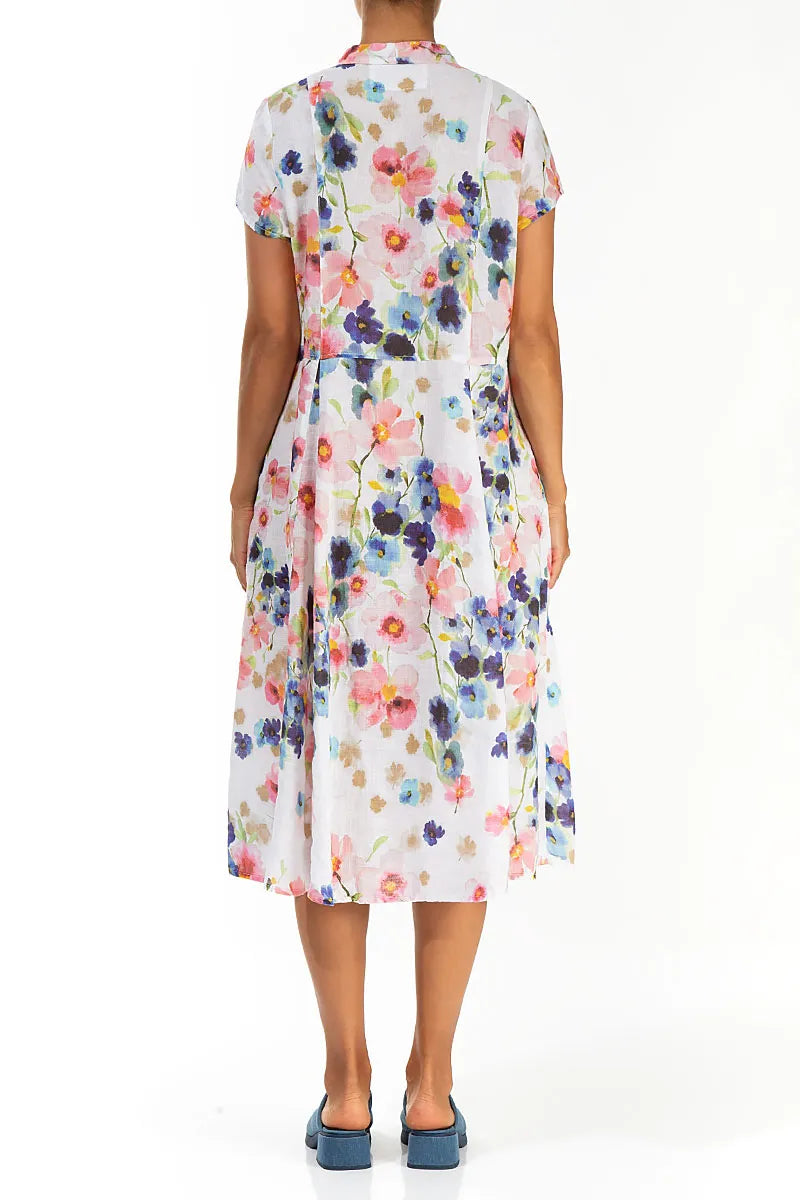 V-Neck Buttoned Primrose Linen Dress 2