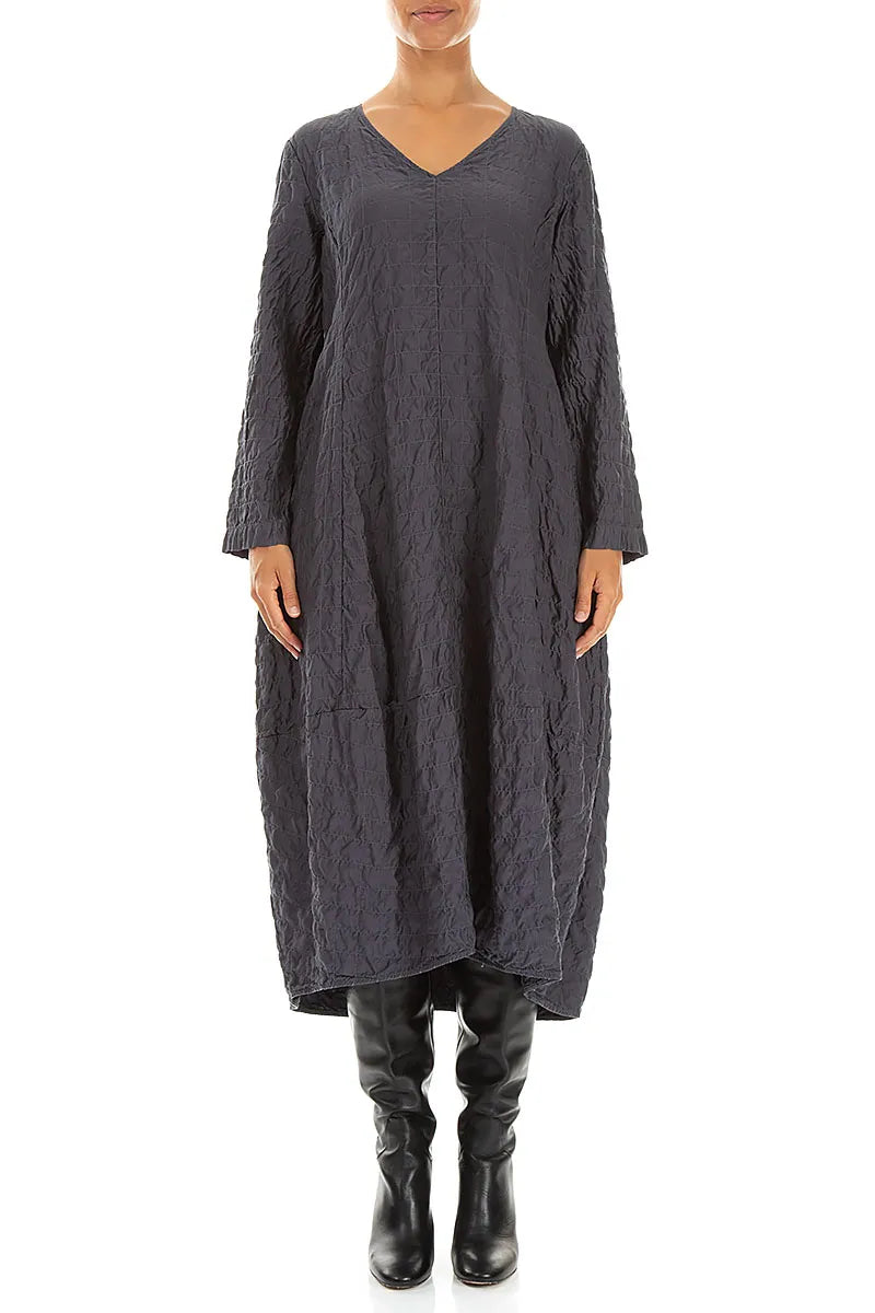 V-Neck Charcoal Pleated Silk Bamboo Dress