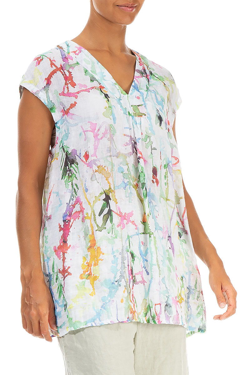 V-Neck Colour Splash Gauze Linen Blouse 3