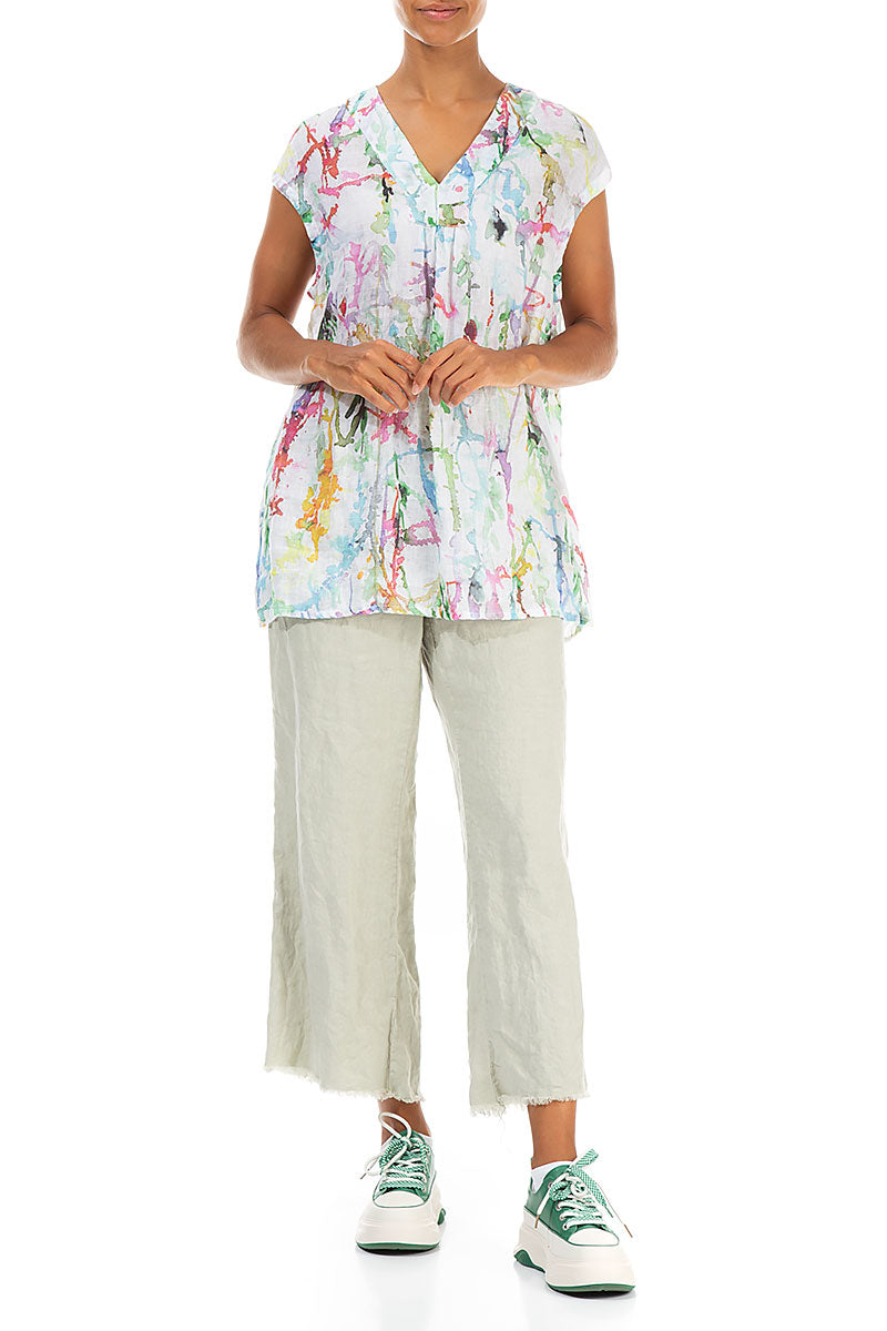 V-Neck Colour Splash Gauze Linen Blouse 4