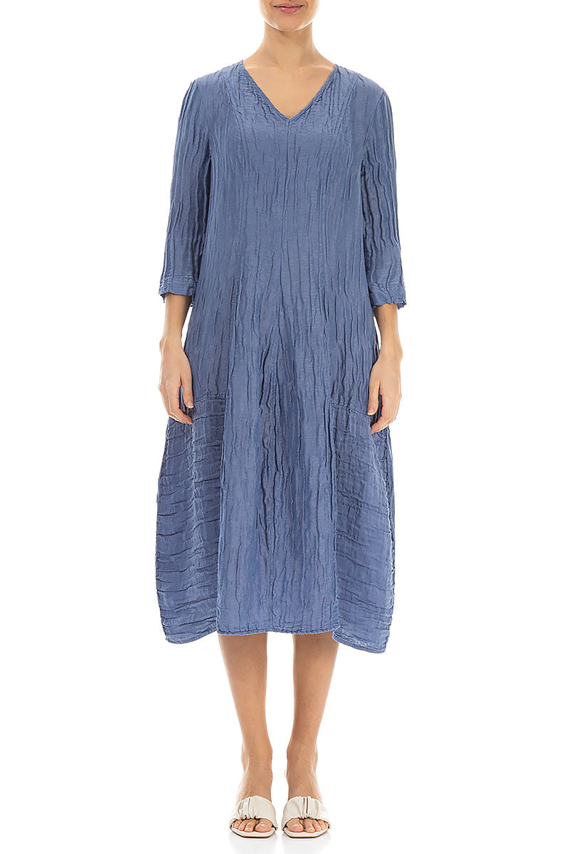 V-Neck Crinkled Blue Nova Silk Linen Dress 1