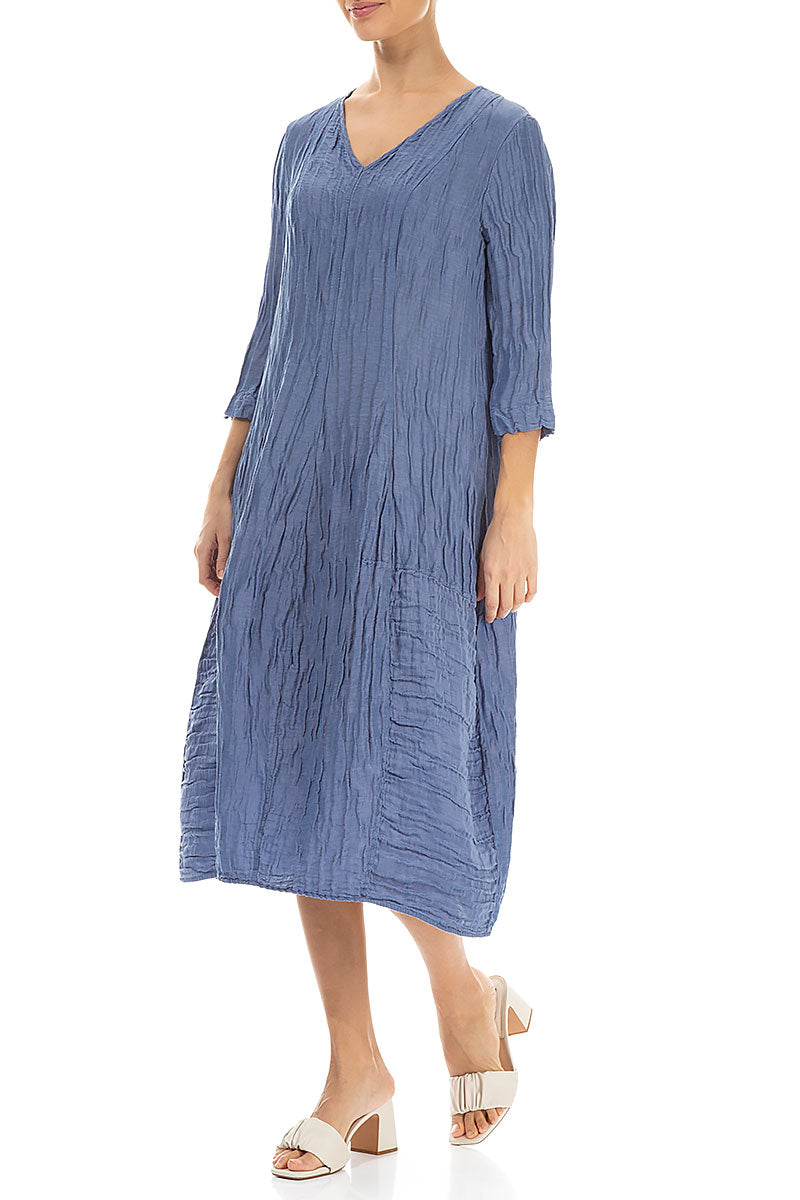 V-Neck Crinkled Blue Nova Silk Linen Dress 3