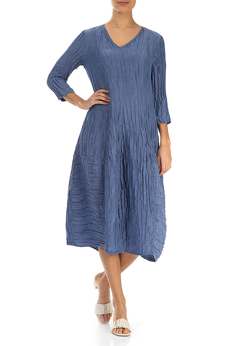 V-Neck Crinkled Blue Nova Silk Linen Dress 4