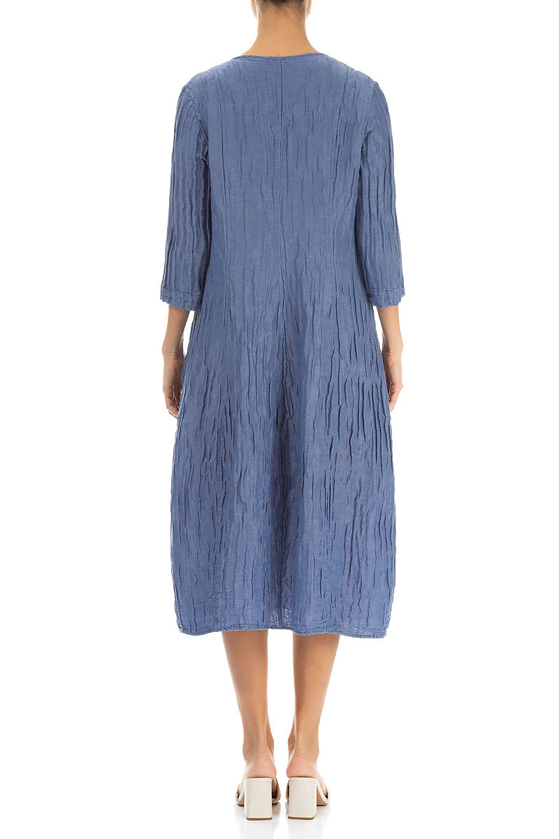 V-Neck Crinkled Blue Nova Silk Linen Dress 2