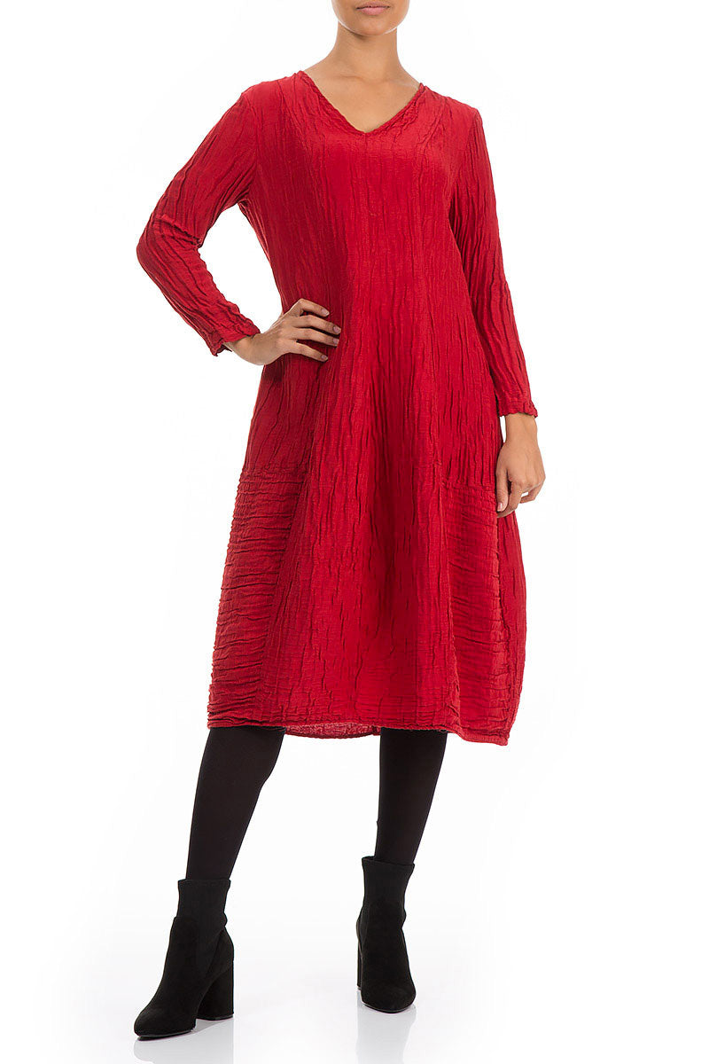 V-Neck Crinkled Cherry Red Silk Linen Dress 4