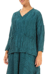 V-Neck Crinkled Peacock Silk Linen Blouse 3