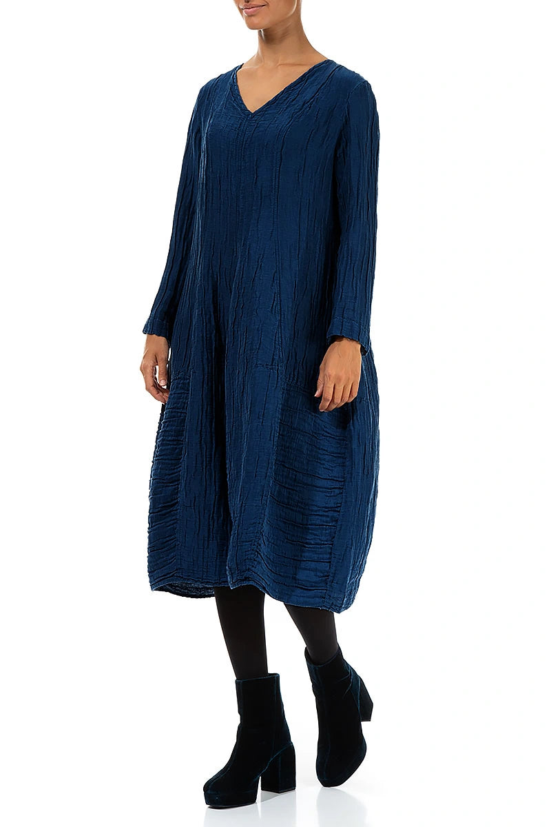 V-Neck Crinkled Royal Blue Silk Linen Dress 3
