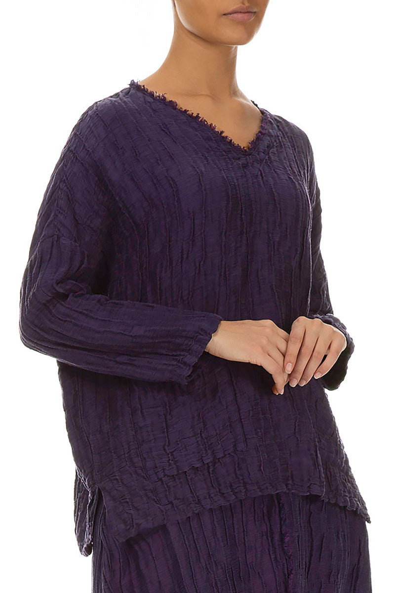 V-Neck Crinkled Royal Purple Silk Linen Blouse 3