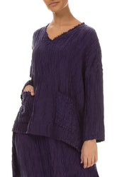 V-Neck Crinkled Royal Purple Silk Linen Blouse 4
