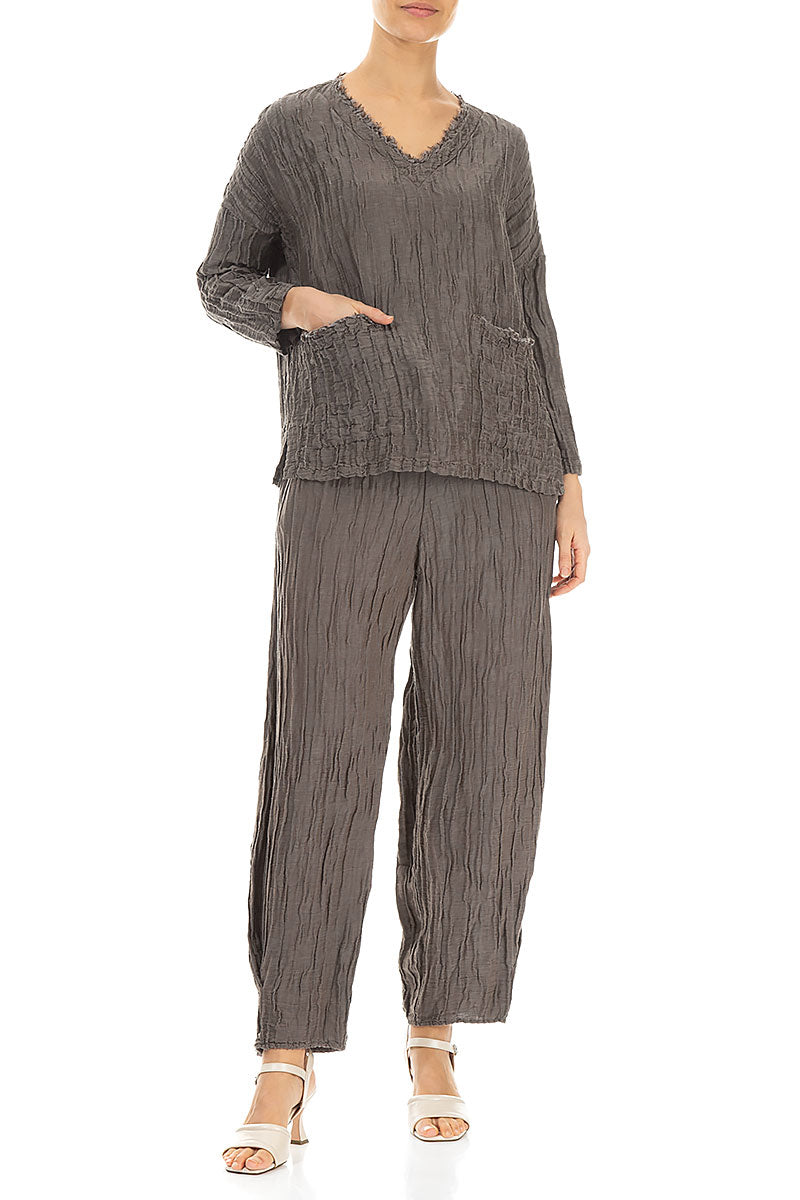 V-Neck Crinkled Truffle Silk Blouse 4