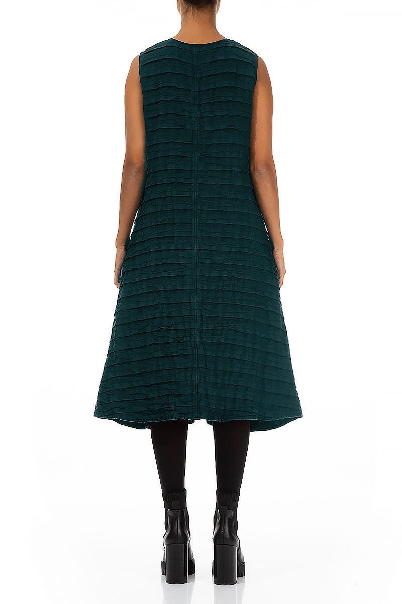 V-Neck Deep Turquoise Pleated Linen Dress