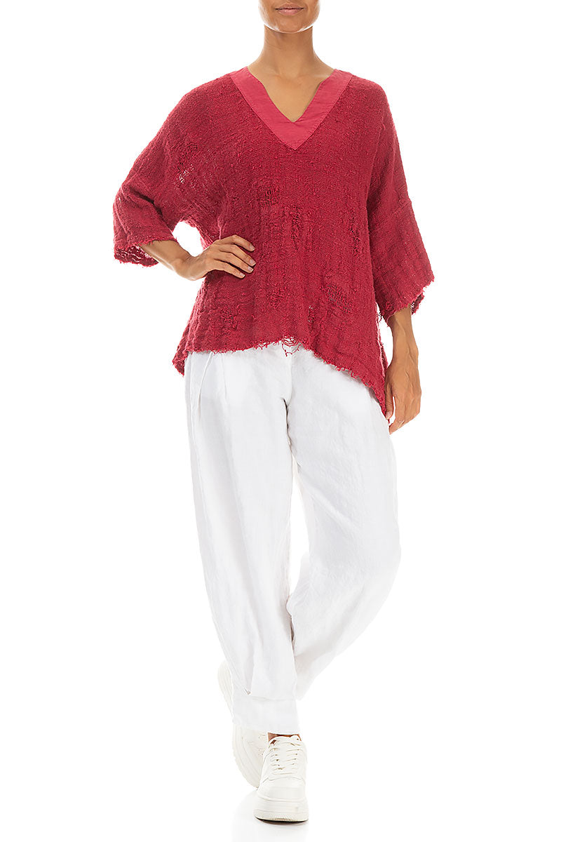 V-Neck Distressed Raspberry Handwoven Linen Blouse 4