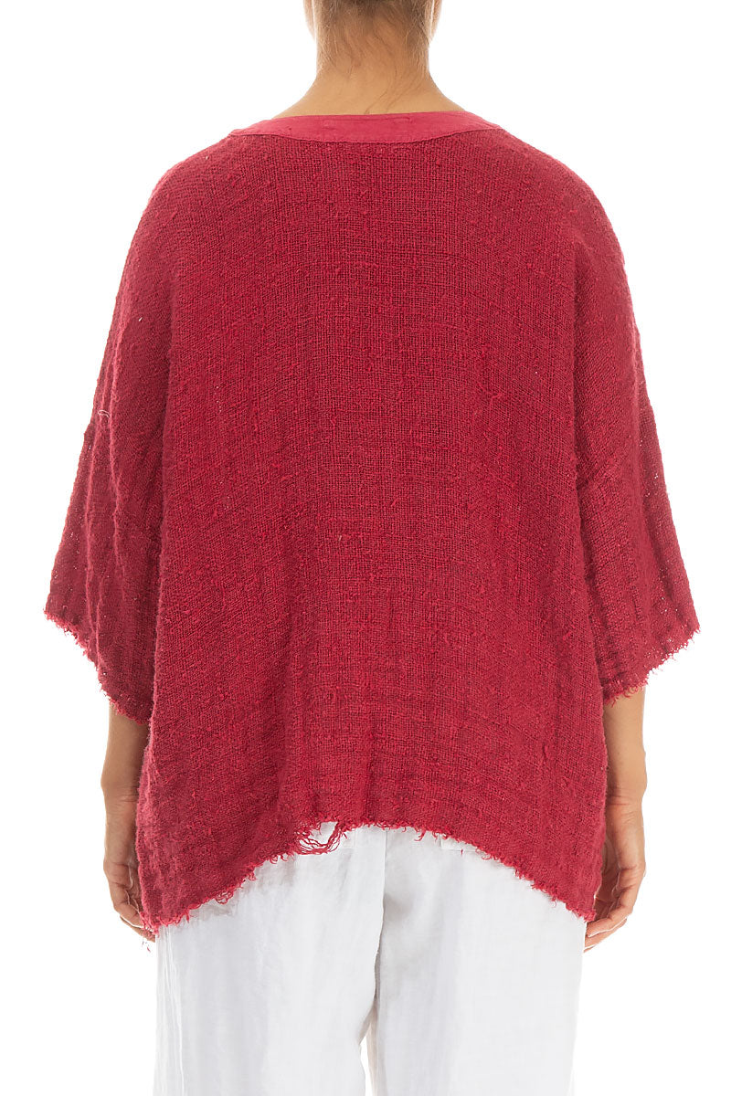 V-Neck Distressed Raspberry Handwoven Linen Blouse 2