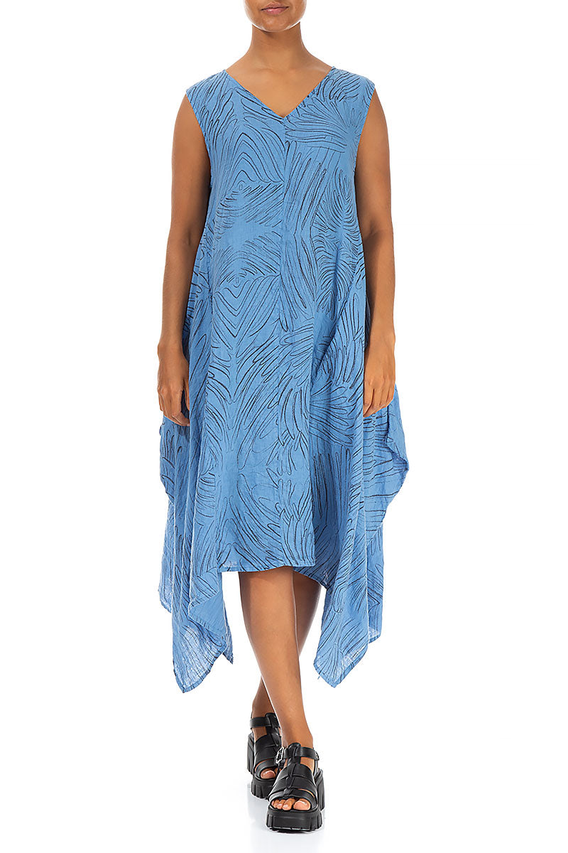 V-Neck Feathers Cornflower Linen Dress 3