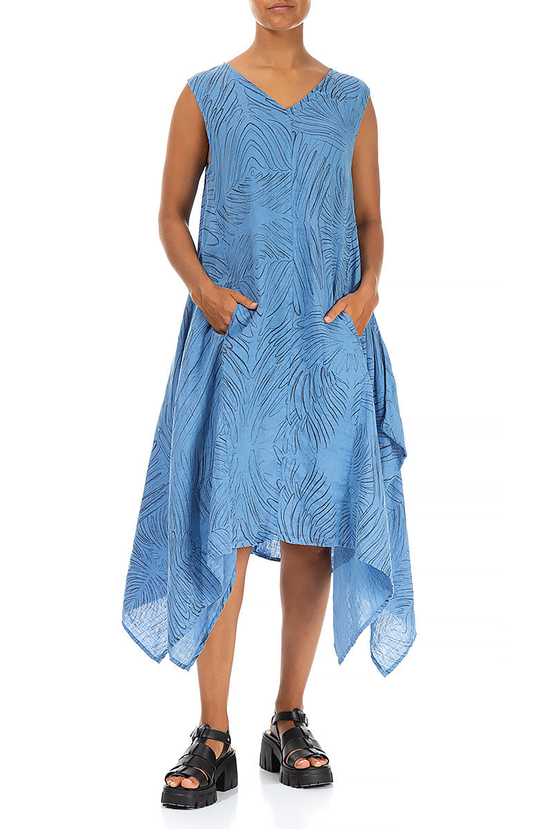 V-Neck Feathers Cornflower Linen Dress 4