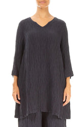 V-Neck Graphite Blue Crinkled Silk Tunic 1