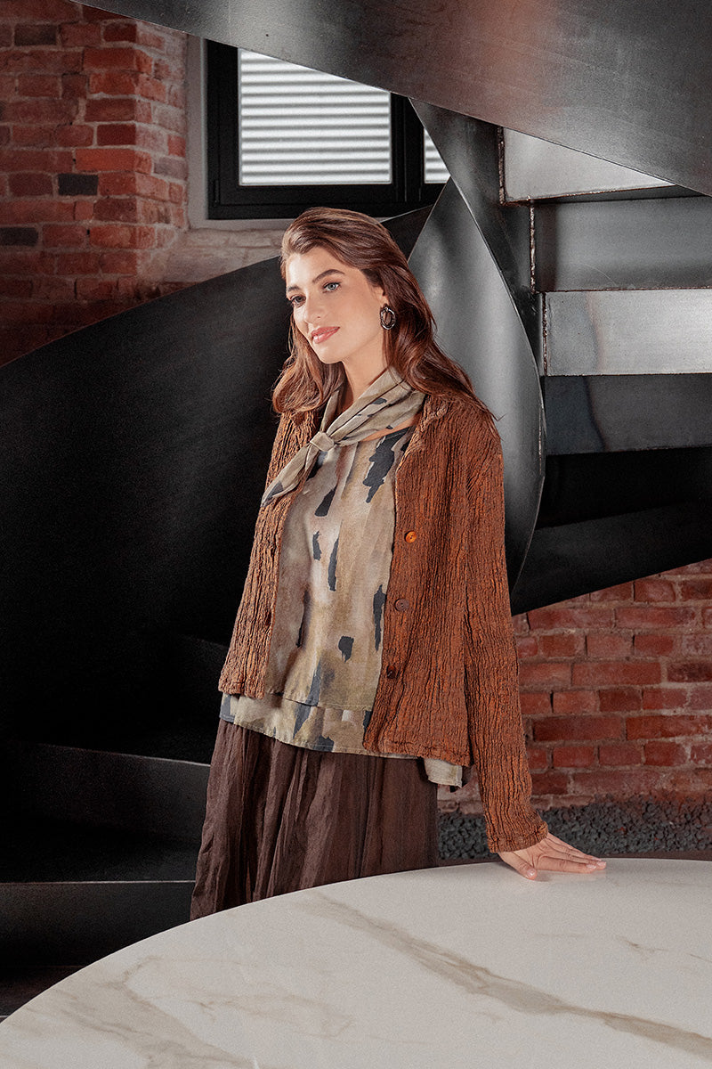 Short Aged Copper Textured Silk Linen Jacket 7